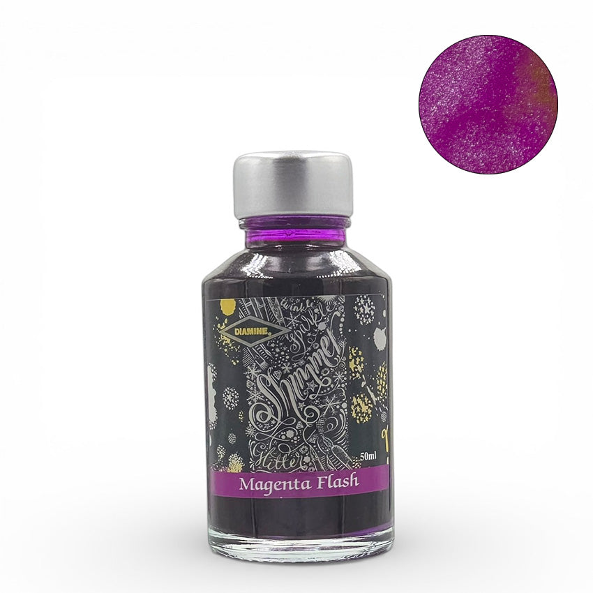 Diamine Magenta Flash (Shimmer) - 50ml fountain pen ink with glittery magenta hue, silver cap, and decorative label, ideal for vintage pens and collectors.