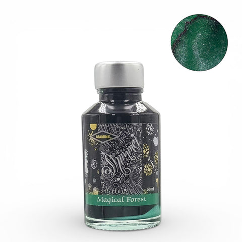 Diamine Magical Forest (Shimmer) - 50ml fountain pen ink bottle, featuring rich emerald shimmer, ideal for vintage fountain pens with regular maintenance.