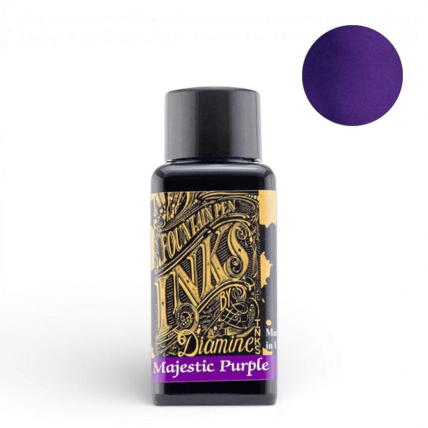 Diamine Majestic Purple fountain pen ink, 30ml bottle, known for rich color and smooth flow, ideal for writing enthusiasts and collectors.