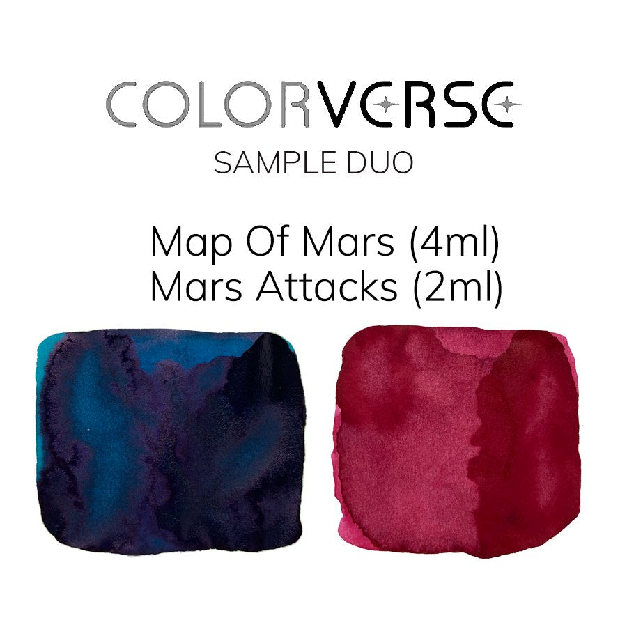 Colorverse Sample Duo set: Map of Mars & Mars Attacks inks, 4ml and 2ml respectively, featuring deep blue-black/teal and rich red swatches.
