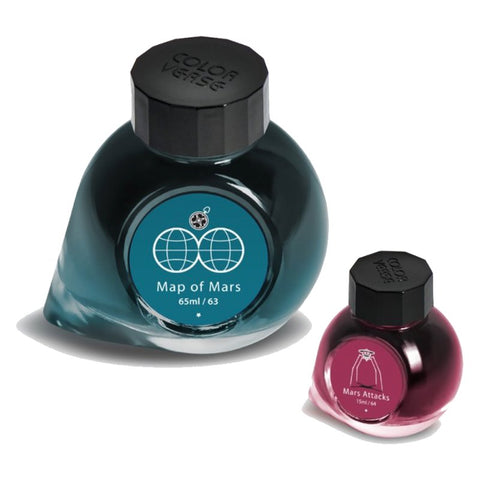 Map of Mars & Mars Attacks - 65ml + 15ml Set featuring two Colorverse fountain-pen ink bottles, includes brochure, pen rest, stickers, bookmark, and branded napkin.