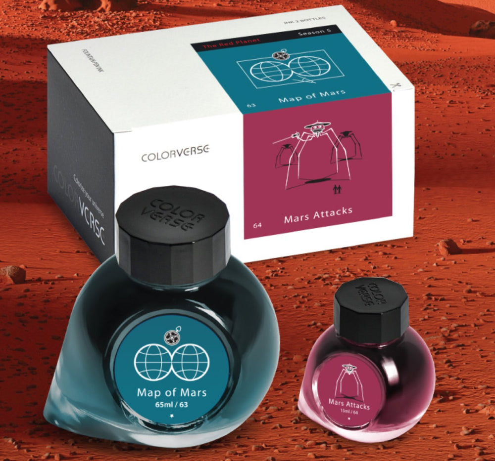 Special-edition Colorverse ink set with 65ml “Map of Mars” and 15ml “Mars Attacks” bottles, displayed with a themed gift box and Mars-like backdrop.