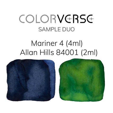 ColorVerse Sample Duo swatch sheet featuring Mariner 4 navy-blue and Allan Hills 84001 grass-green fountain pen inks, 2 ml each.