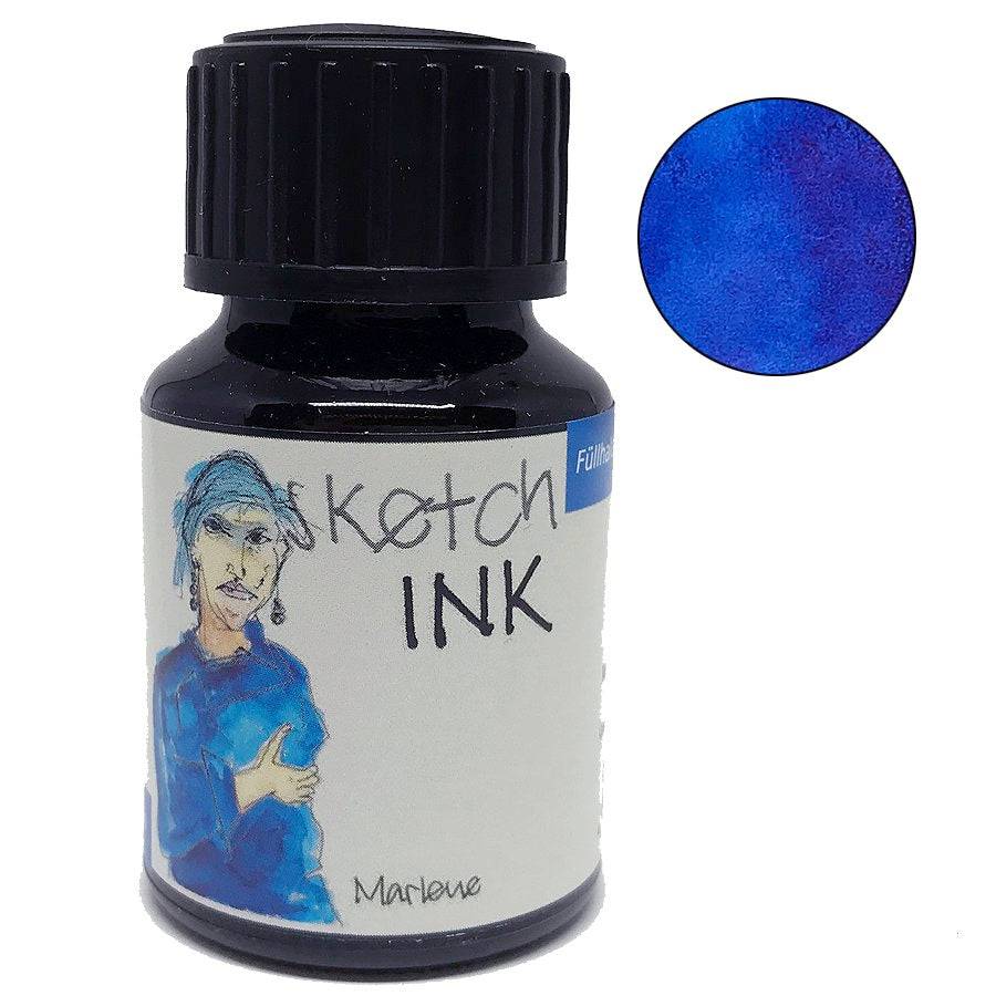 SketchINK - Marlene (50ml) bottle featuring a hand-drawn figure and blue ink swatch, ideal for fountain pens and painting, made by Rohrer & Klingner.