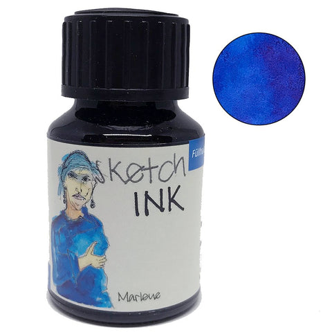 SketchINK - Marlene (50ml) bottle featuring a hand-drawn figure and blue ink swatch, ideal for fountain pens and painting, made by Rohrer & Klingner.