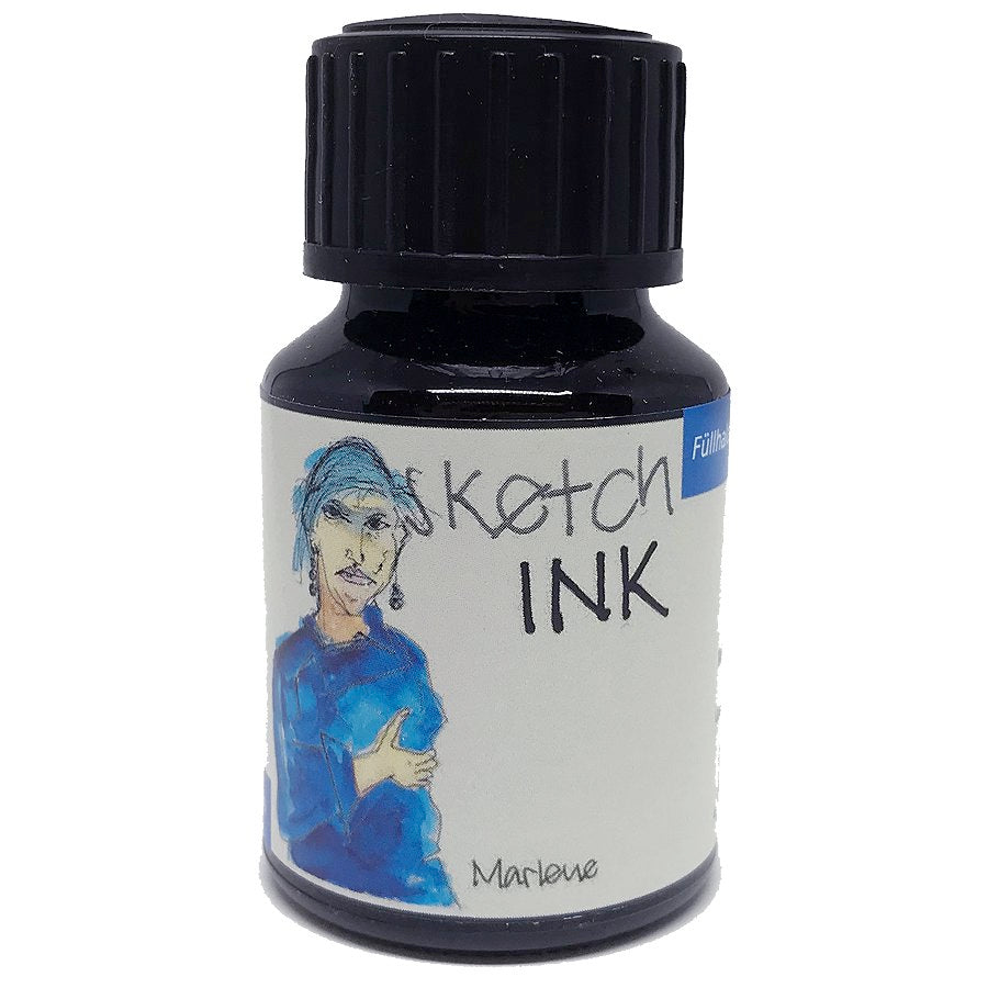 SketchINK - Marlene (2ml) bottle, dark glass with ribbed black cap, features hand-lettered label and blue figure sketch, by Rohrer &amp; Klingner, waterproof pigment-based ink.
