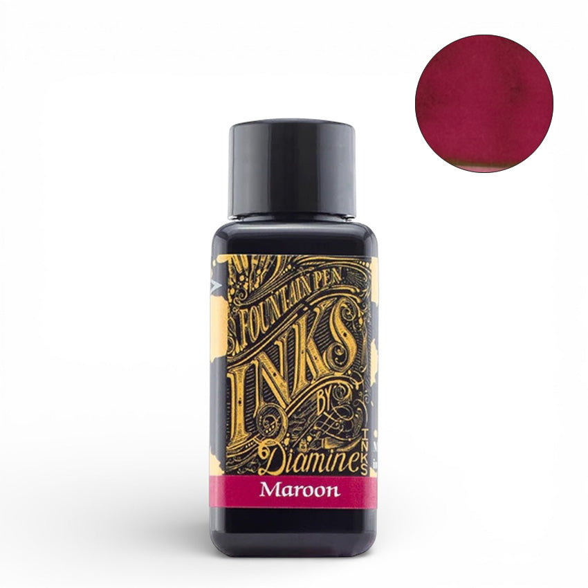Diamine Maroon - 30ml fountain pen ink bottle with circular swatch, showcasing rich color and smooth flow.