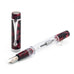 Planet Series (Mars) - Medium fountain pen, demonstrator-style, uncapped, showcasing a transparent barrel with visible piston-filling mechanism, red-and-black marbled cap, and silver-colored trim and nib.