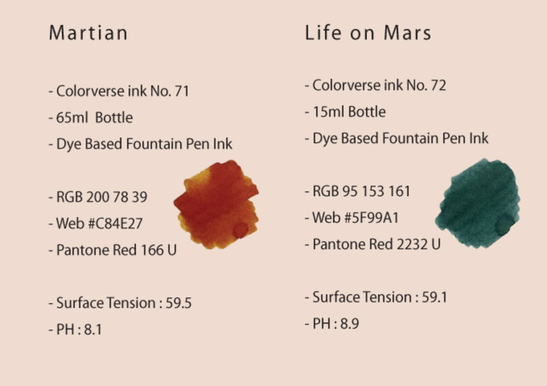 Martian and Life on Mars - 65ml + 15ml Set; includes two Colorverse dye-based inks in a sleek box with a brochure, pen rest, stickers, and bookmark.