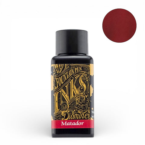 Diamine Matador 30ml fountain pen ink bottle with ornate gold label, showcasing deep red ink swatch. Acid-free and vegan-friendly, ideal for vintage pens.