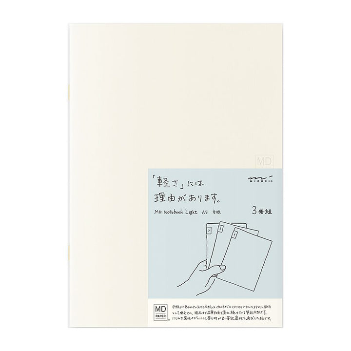 MD Notebook Lite - A5 Grid (3 pack) featuring ivory covers, Japanese text band, and index stickers. Each notebook has 48 pages with 5mm grid spacing.