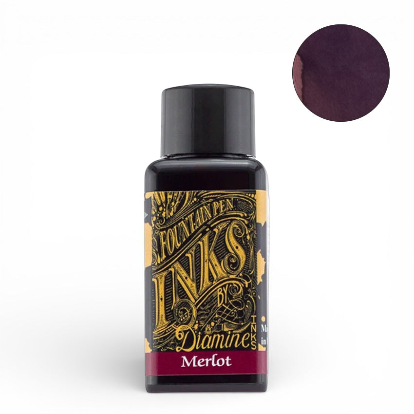 Diamine Merlot - 30ml fountain pen ink bottle, showcasing rich burgundy hue, ideal for writing enthusiasts.