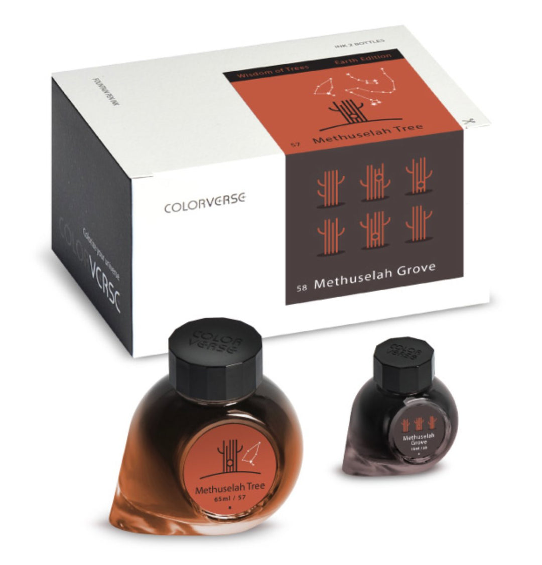 Methuselah Tree &amp; Methuselah Grove - 65ml + 15ml Set with shoebox packaging, two ink bottles, Colorverse logo, and included accessories like a brochure and pen rest.