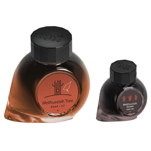 Methuselah Tree & Methuselah Grove - 65ml + 15ml Set: Two Colorverse ink bottles with faceted caps, showcasing warm, earthy tones in clear glass.