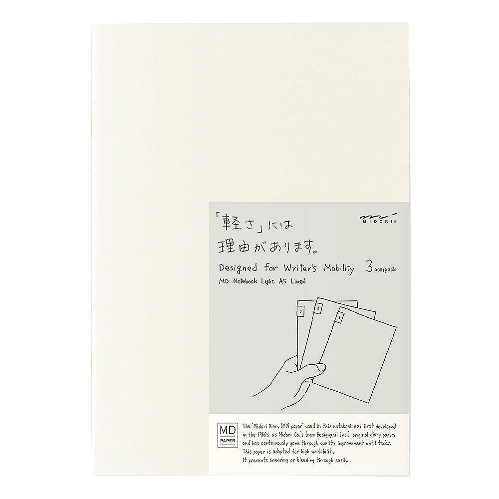 MD Notebook Lite - A5 Lined/Ruled (3 pack) with off-white covers, yellow staples, and Japanese-English text highlighting lightweight design and high-writability MD paper.