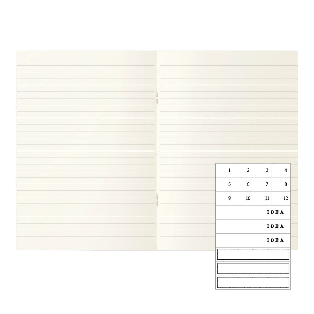MD Notebook Lite - A5 Lined/Ruled (3 pack) showing open pages with label-style planner stickers for organizing ideas and months.