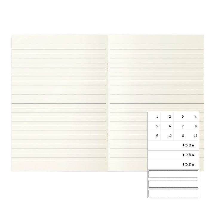 MD Notebook Lite - A5 Lined/Ruled (3 pack) showing open pages with label-style planner stickers for organizing ideas and months.