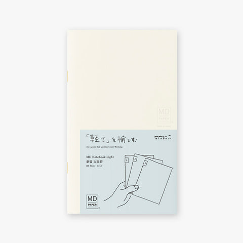 Midori MD Notebook Light – B6 Slim Grid (3 Pack) with off-white cover, pale blue band, and Japanese text promoting lightweight portability.