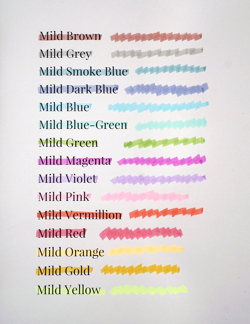 Mildliner (15 Colour Set) color-swatch chart displaying Mild tones with zig-zag samples, ideal for pastel highlighting and note-taking.