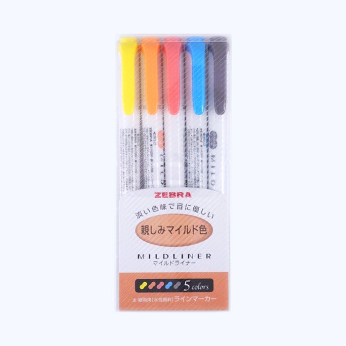 Mildliner - Darker Shade Set featuring five double-ended highlighters with bold and fine tips, showcasing dark shades of yellow, orange, pink, blue, and gray.