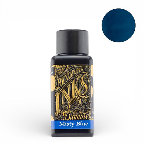 Diamine Misty Blue - 30ml fountain pen ink bottle with ink swatch, showcasing rich color and smooth flow, suitable for vintage pens.