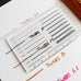 Measure My Pen MM Pad by Dominant Industry, a translucent gauge for measuring fountain pen nib widths, shown on paper with ink swatches and handwritten labels.