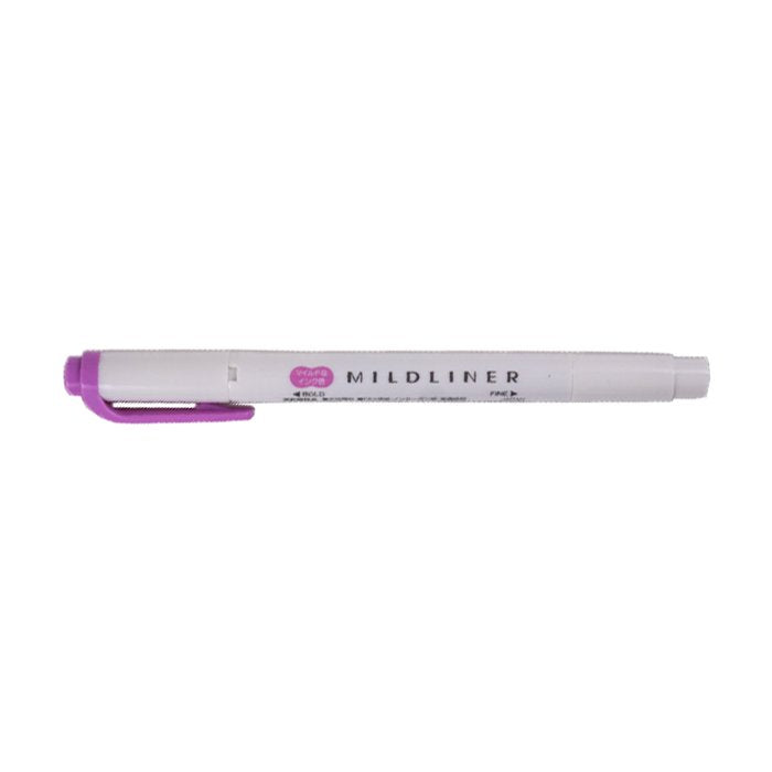 Mildliner - Magenta highlighter with white barrel, purple caps. Features a broad chisel tip and a fine bullet tip for versatile highlighting and note-taking.
