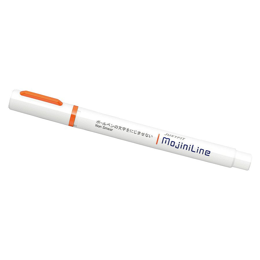 Justfit Mojini Line Highlighter - Orange, pen-style with a felt chisel tip, designed to prevent smudging over ballpoint ink, featuring a non-smear formula.