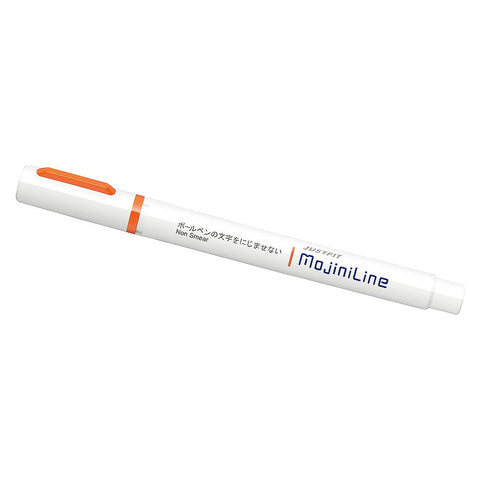 Justfit Mojini Line Highlighter - Orange, pen-style with a felt chisel tip, designed to prevent smudging over ballpoint ink, featuring a non-smear formula.