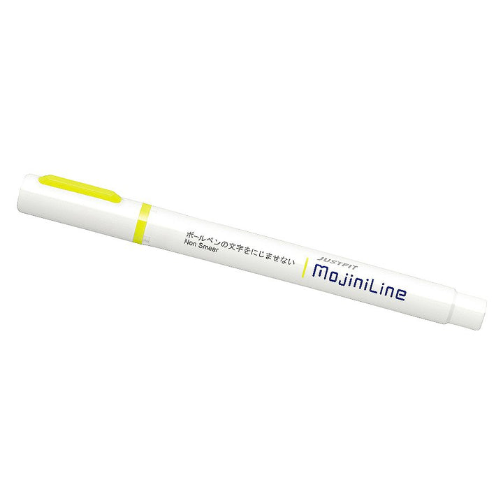 Zebra Justfit Mojini Line highlighter, yellow, with non-smear gel ink. Features Japanese text and felt chisel tip; resists fountain pen ink bleeding.