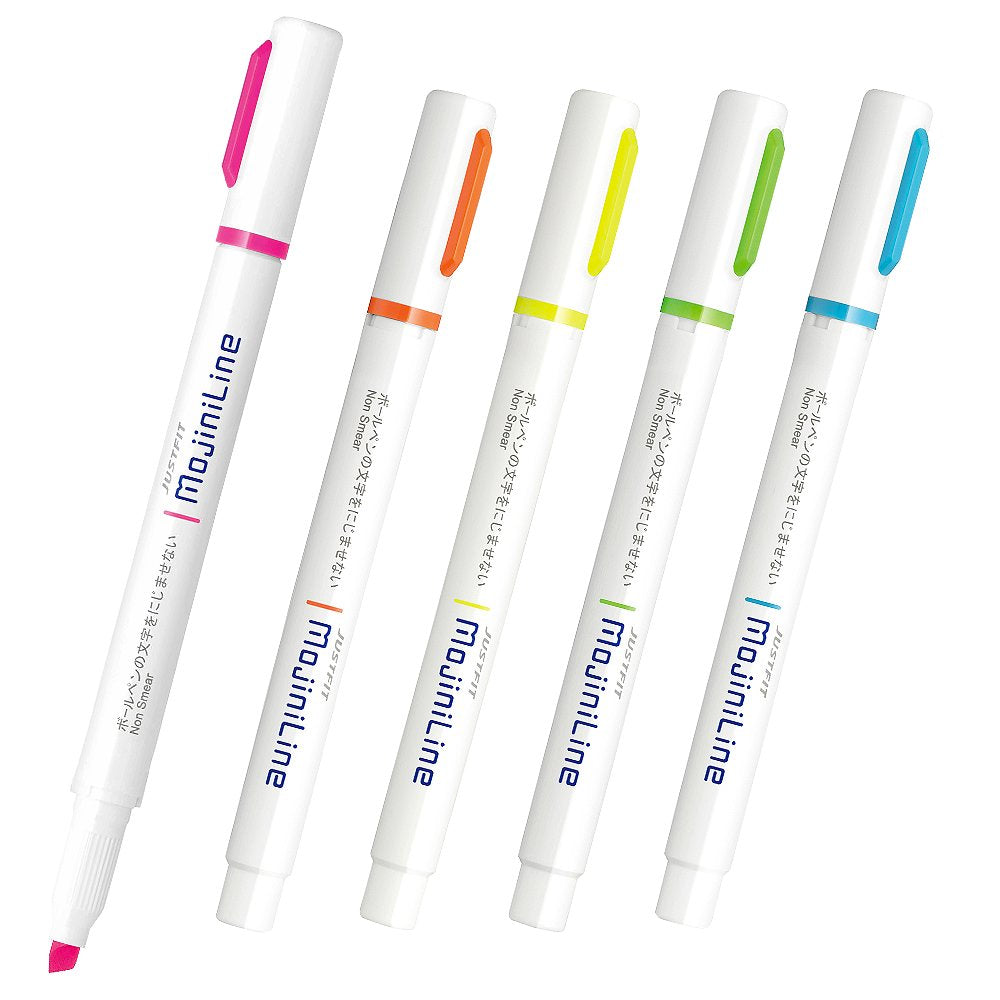 Justfit Mojini Line Highlighter - Pink with a chisel-style tip, shown uncapped among four pastel markers, logo mojimilne, ideal for non-smear highlighting.