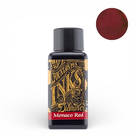 Diamine Monaco Red 30ml fountain pen ink bottle featuring a deep red shade, ornate label, ideal for collectors, vintage pen-safe, from renowned UK ink maker.