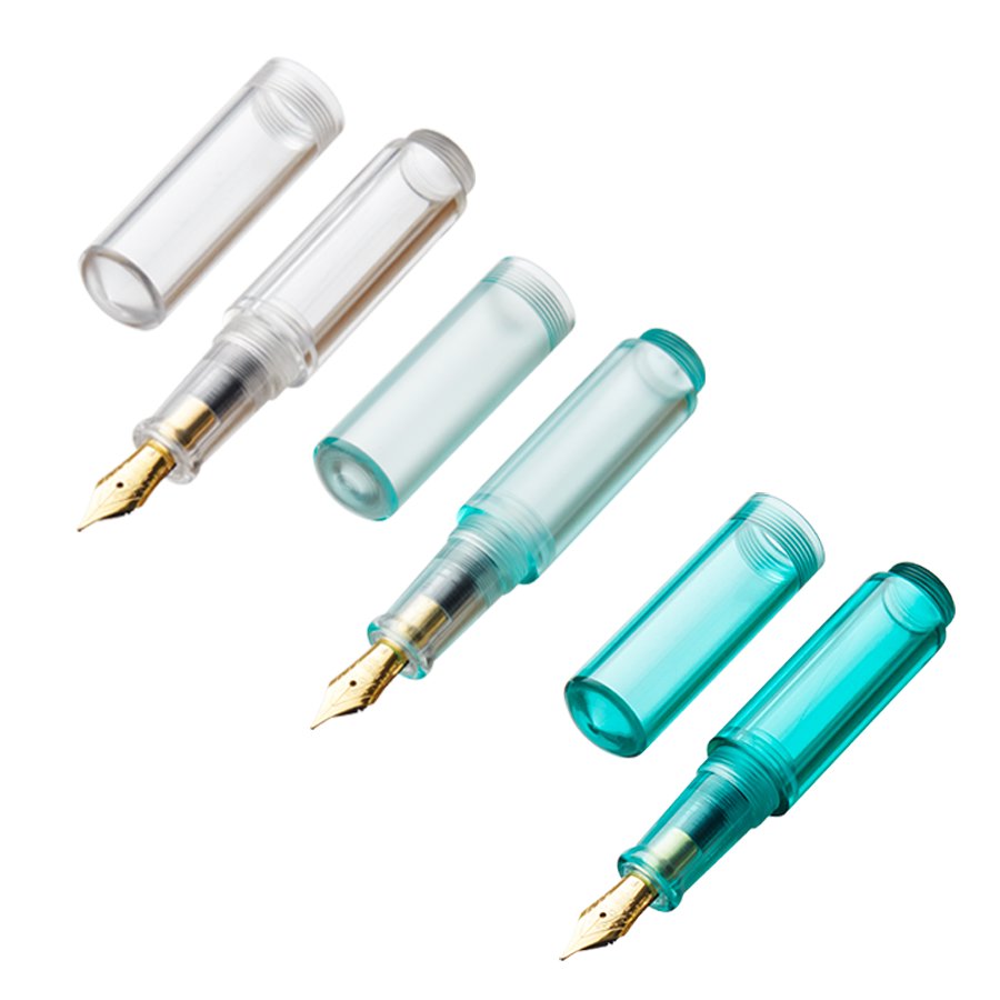 Wancai Mini (Light Green) - Fine fountain pen, translucent body and cap, gold-tone nib exposed, shown in clear, pale green, teal tints, uncapped for detail.