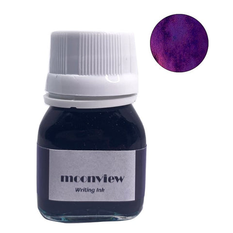 Moonview - 20ml glass bottle of Krishna Inks writing ink with a white cap, featuring a deep, shimmery purple swatch and label displaying the brand name.