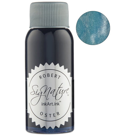 Morning Shine (Shake 'N' Shimmy) ink in a clear bottle, showcasing shimmery teal-blue hue with metallic swatch, emphasizing sustainable, smooth-writing performance.