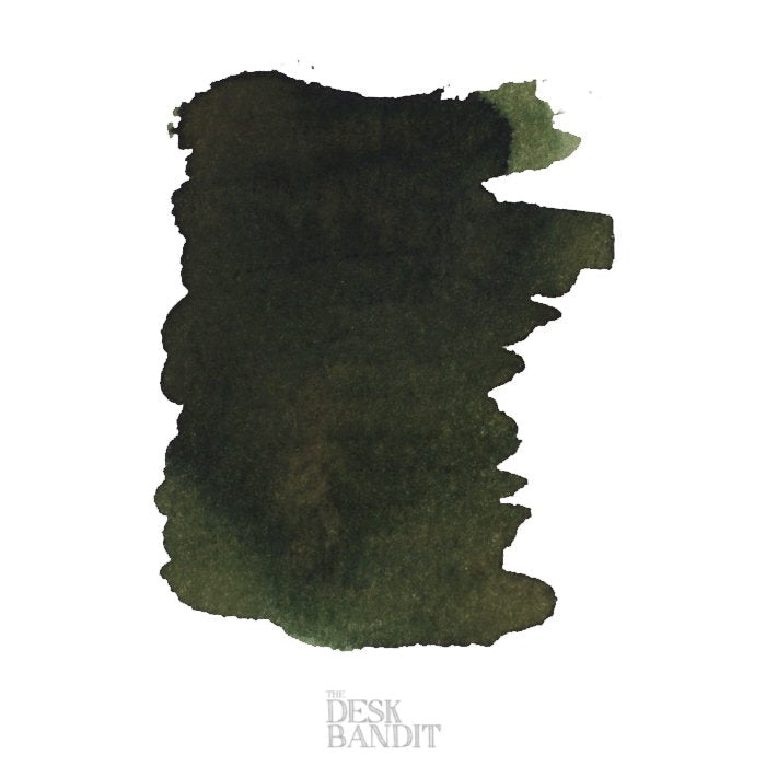 Moss - 2ml ink sample by Robert Oster, featuring a dark olive-green swatch on white, labeled with The Desk Bandit watermark.