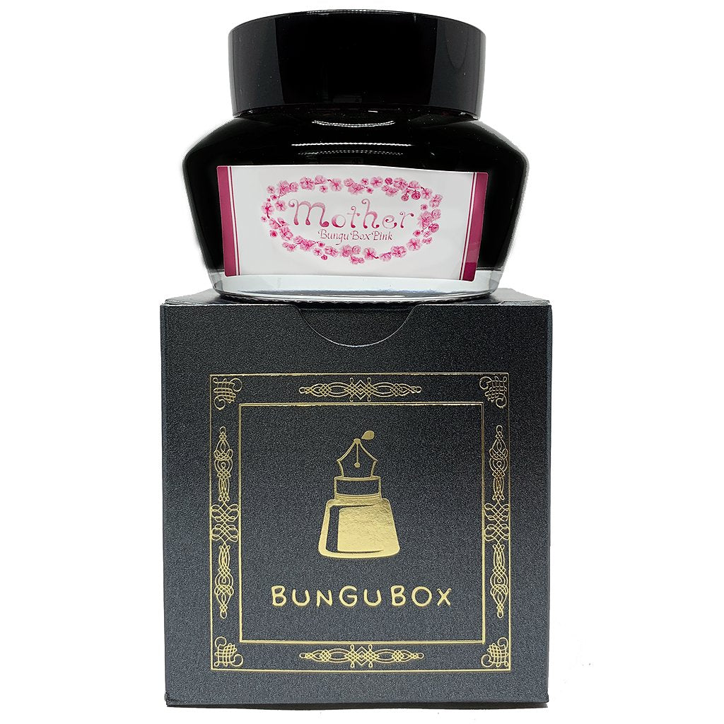Bungubox Mother - 50ml fountain-pen ink bottle with pink-floral label on black and gold box, highlighting the specialty store&