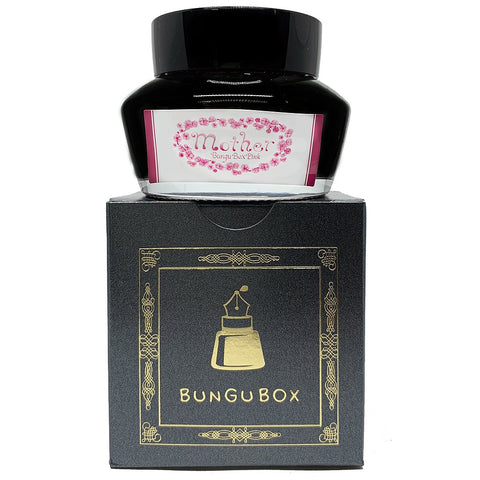 Bungubox Mother - 50ml fountain-pen ink bottle with pink-floral label on black and gold box, highlighting the specialty store's collaboration with Sailor Japan.