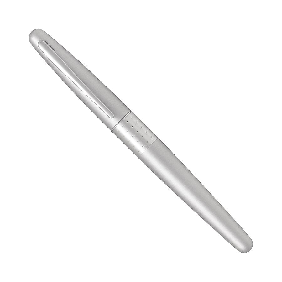 MR1 (Silver)- Medium fountain pen with a smooth silver barrel, removable cap with clip, and indented grip, ideal for beginners and enthusiasts.