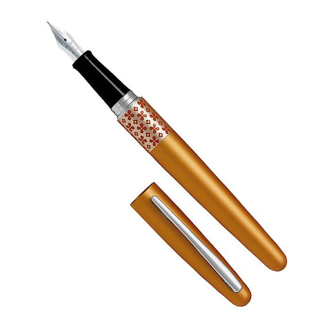 MR3 (Orange)- Medium fountain pen with a metallic-orange body, black grip, silver nib, and floral-patterned band, cap placed beside it.