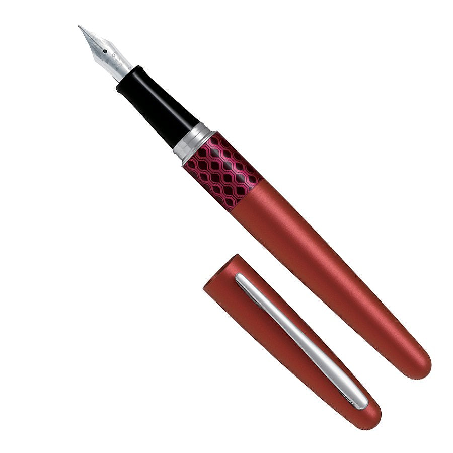 MR3 (Red)- Medium fountain pen, shown uncapped with a visible metal nib, black grip, decorative band, and matching red cap with a silver clip.