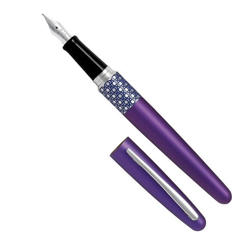 MR3 (Violet) Medium fountain pen, uncapped, with a matte purple body and cap beside it; features a black grip and metal nib.