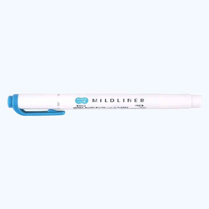 Zebra Mildliner - Smoke Blue, a double-ended highlighter with a chisel tip and fine tip, ideal for subtle marking and precise detailing.
