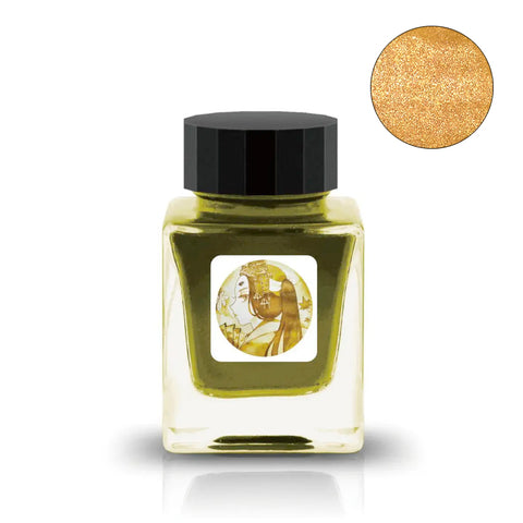 Muromachi (Shimmer) - 2ml ink sample in a small glass jar with black lid, showcasing a sparkly golden ink, perfect for fountain pen enthusiasts.