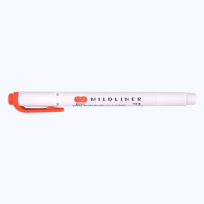 Mildliner - Vermillion dual-tip highlighter, shown with a bold chisel tip and a fine point, ideal for highlighting and annotating with soft shades.