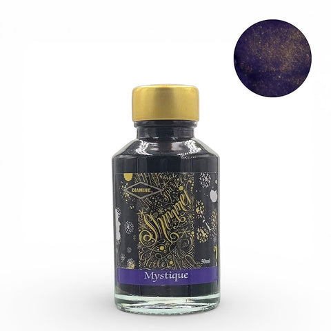 Mystique (Shimmer) - 50ml: Diamine fountain pen ink, deep purple-blue with gold shimmer. Acid-free, vegan-friendly, perfect for vintage pens. Produced in England, available at Desk Bandit.