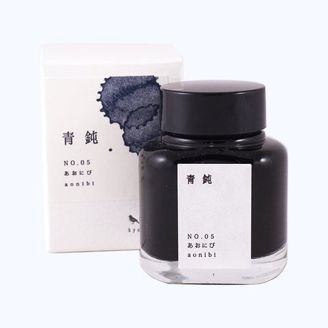 No. 05 Aonibi - 40ml fountain-pen ink bottle with Japanese and roman lettering, displayed in front of its matching box.
