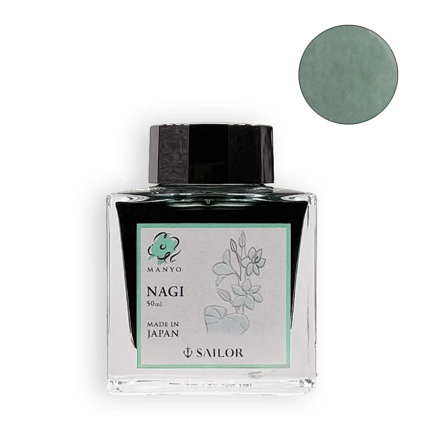Sailor Manyo Nagi 50ml fountain pen ink bottle with melon green swatch