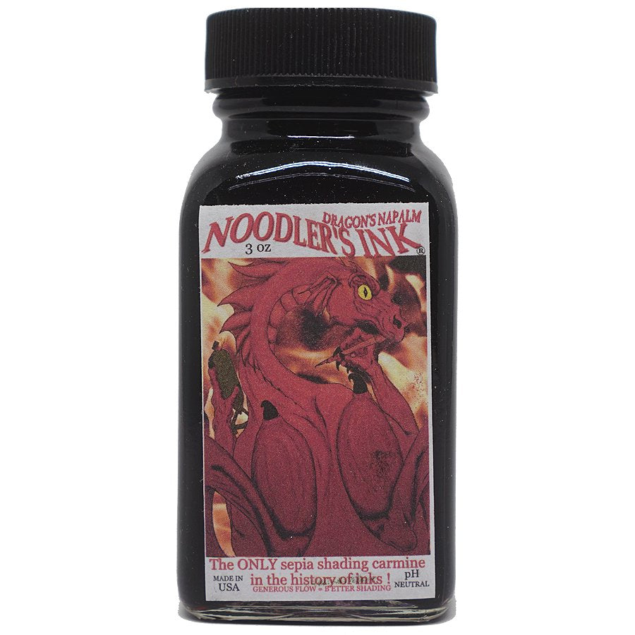 Square glass bottle of Dragon's Fire - 88ml by Noodler's Ink, featuring a black cap and a label with a red dragon amid flames.