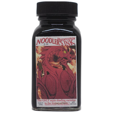 Square glass bottle of Dragon's Fire - 88ml by Noodler's Ink, featuring a black cap and a label with a red dragon amid flames.